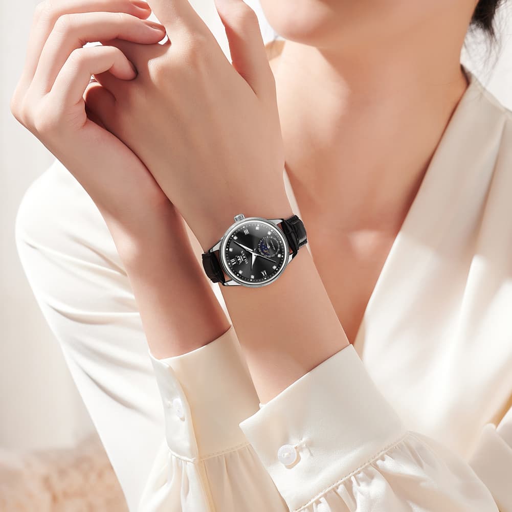 OLEVS 7039 Leather Moon Phase Mechanical Watch For Women - Rose Gold Black Watch | Olevs Watch Store