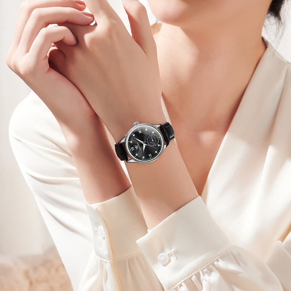 OLEVS 7039 Leather Moon Phase Mechanical Watch For Women - Rose Gold Black Watch | Olevs Watch Store