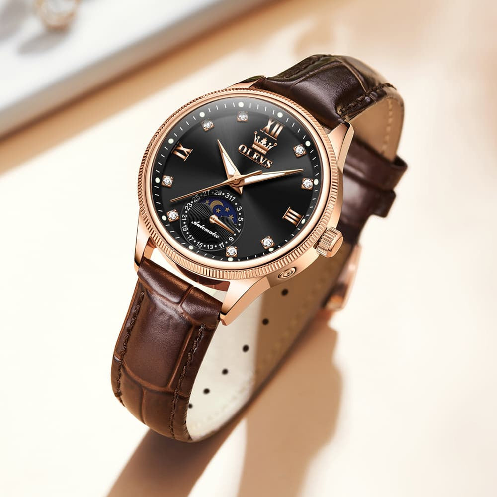 OLEVS 7039 Leather Moon Phase Mechanical Watch For Women - Rose Gold Black Watch | Olevs Watch Store