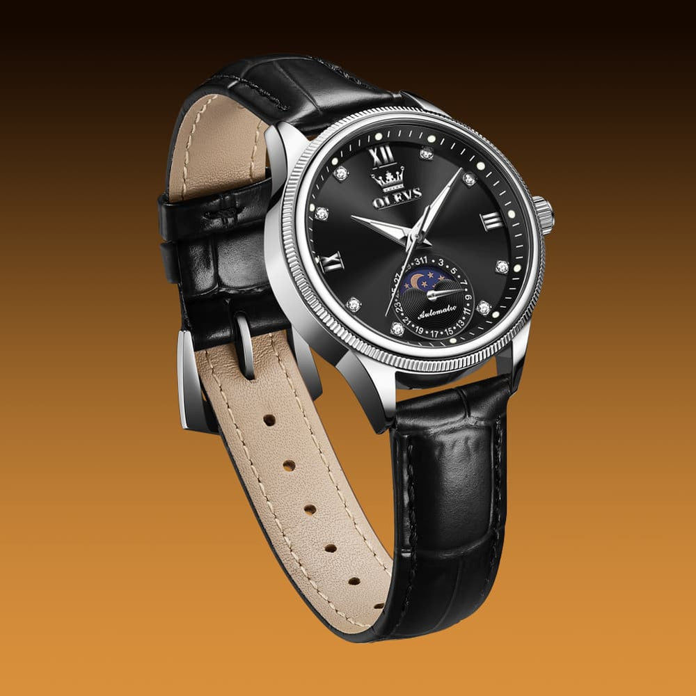 OLEVS 7039 Leather Moon Phase Mechanical Watch For Women - Rose Gold Black Watch | Olevs Watch Store