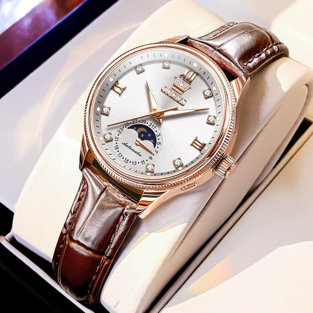 OLEVS 7039 Leather Moon Phase Mechanical Watch For Women - Rose Gold White Watch | Olevs Watch Store