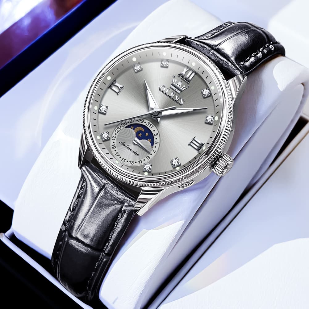 OLEVS 7039 Leather Moon Phase Mechanical Watch For Women - Silver Grey Watch | Olevs Watch Store