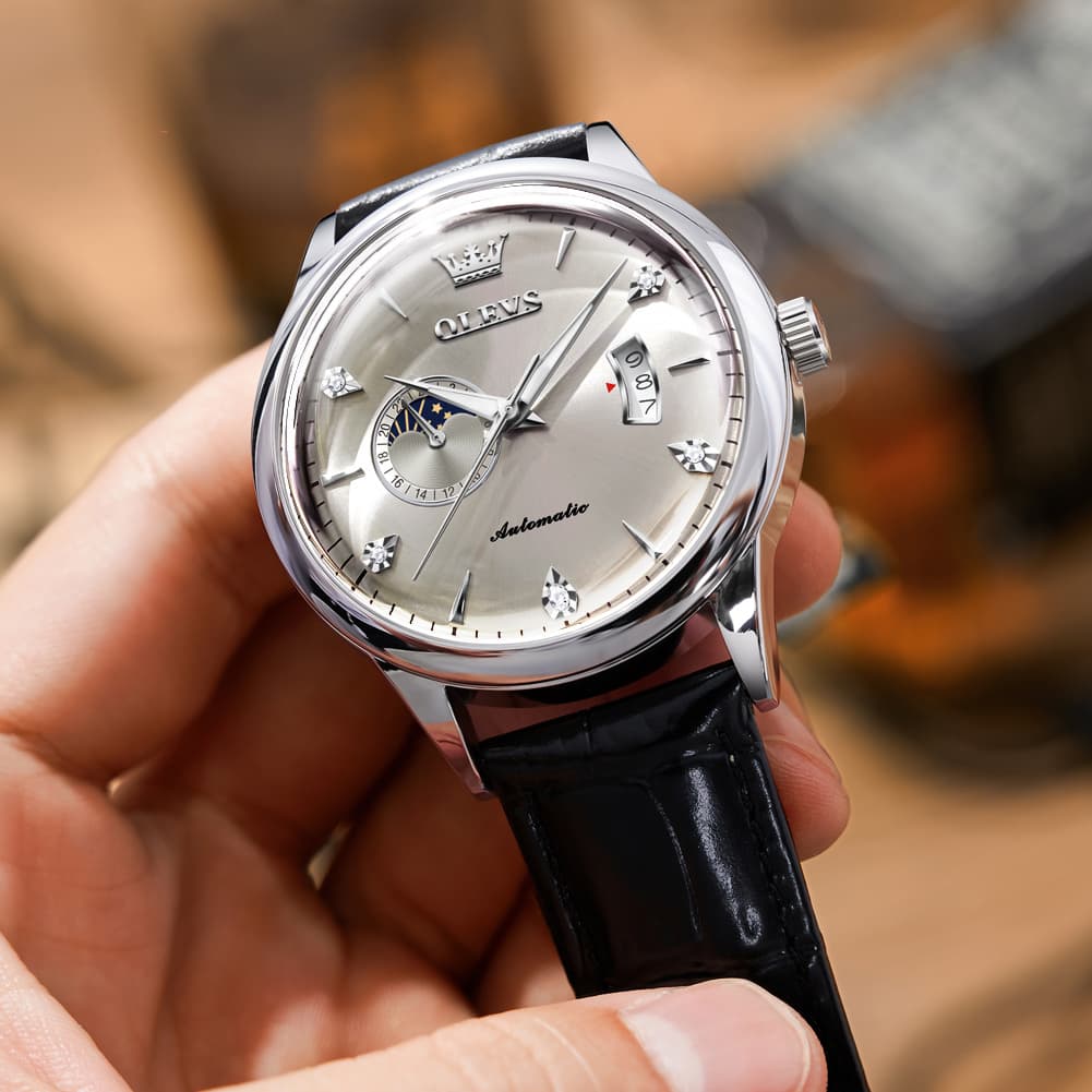OLEVS 7040 Curved Mirror Automatic Mechanical Watch For Men - Silver Grey Watch | Olevs Watch Store