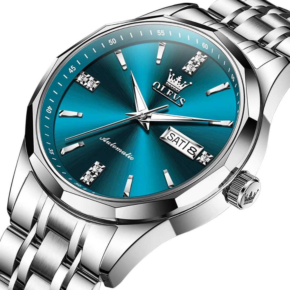 OLEVS 7056 Sapphire Crystal Automatic Watch For Men - Silver Blue Watch | Olevs Watch Store