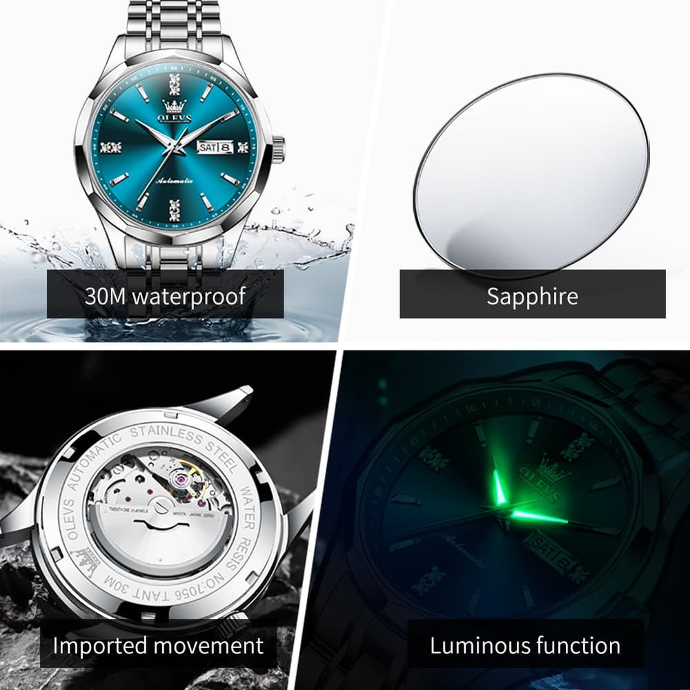 OLEVS 7056 Sapphire Crystal Automatic Watch For Men - Silver Blue Watch | Olevs Watch Store