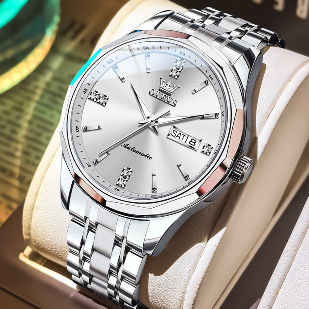OLEVS 7056 Sapphire Crystal Automatic Watch For Men - Silver White Watch | Olevs Watch Store