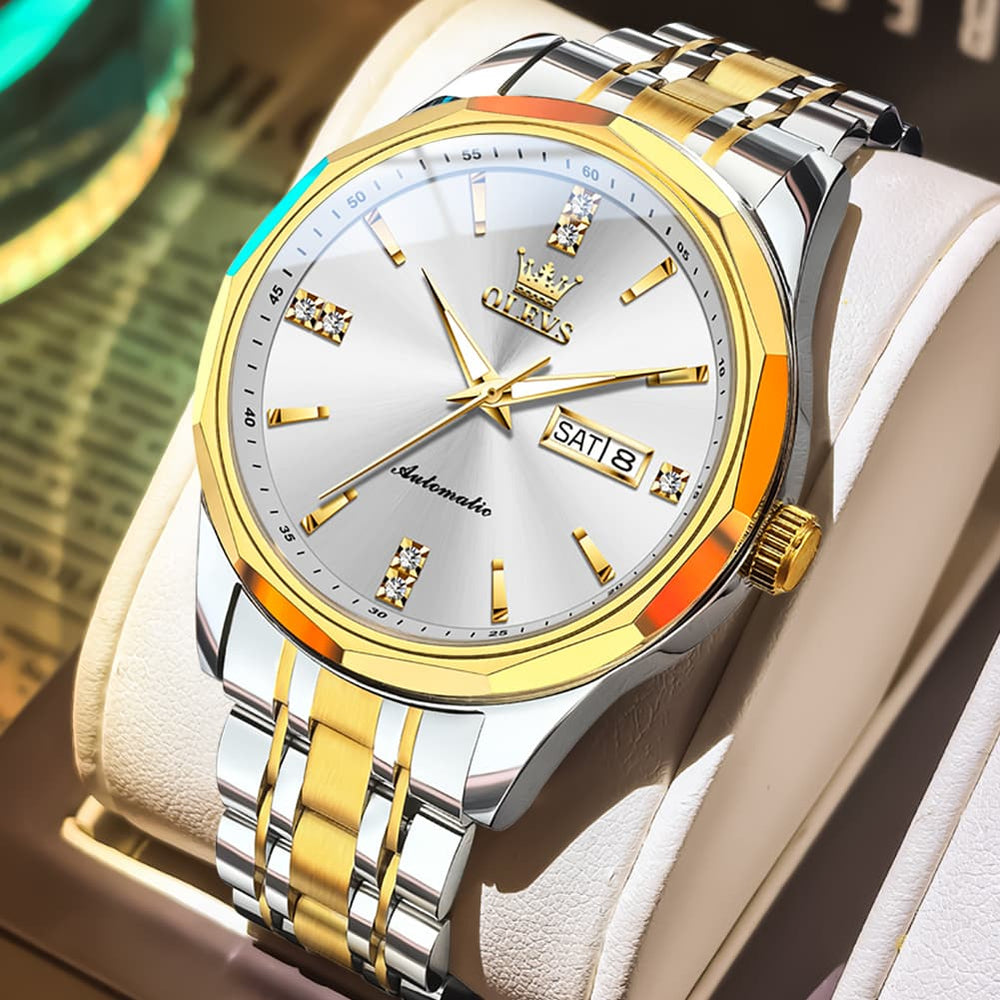 OLEVS 7056 Sapphire Crystal Automatic Watch For Men - Two Tone White Watch | Olevs Watch Store