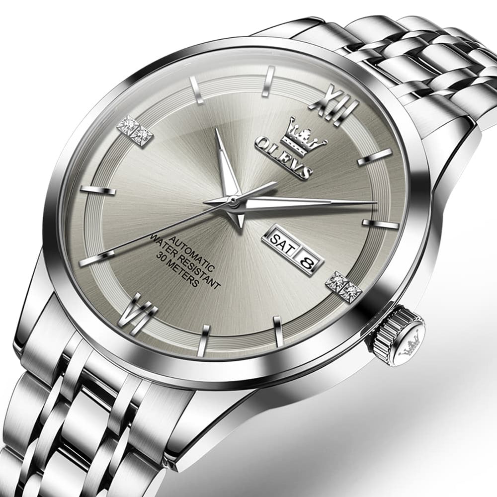 OLEVS 7061 Classic Dual Calendar Automatic Watch For Men - Silver Grey Watch | Olevs Watch Store
