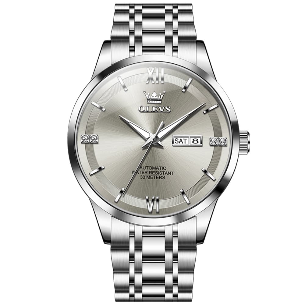 OLEVS 7061 Classic Dual Calendar Automatic Watch For Men - Silver White Watch | Olevs Watch Store