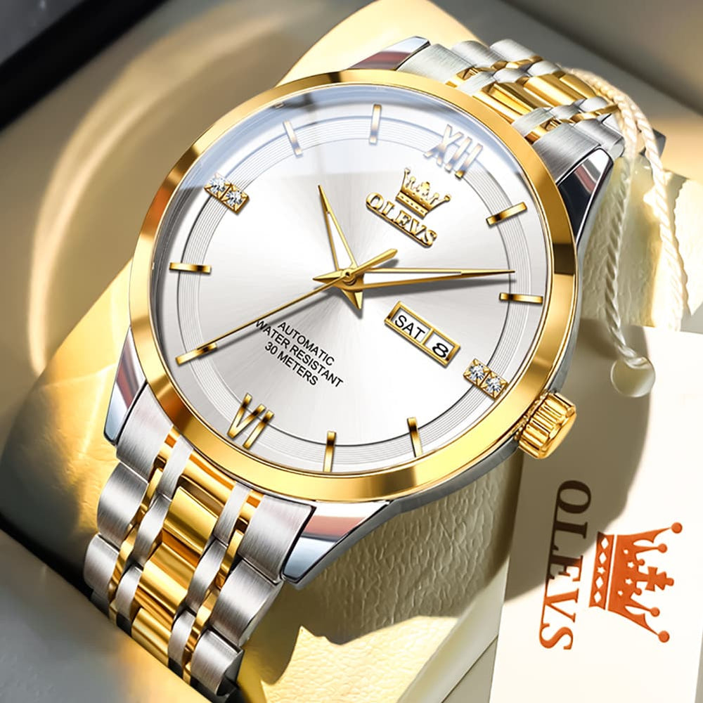 OLEVS 7061 Classic Dual Calendar Automatic Watch For Men - Silver White Watch | Olevs Watch Store