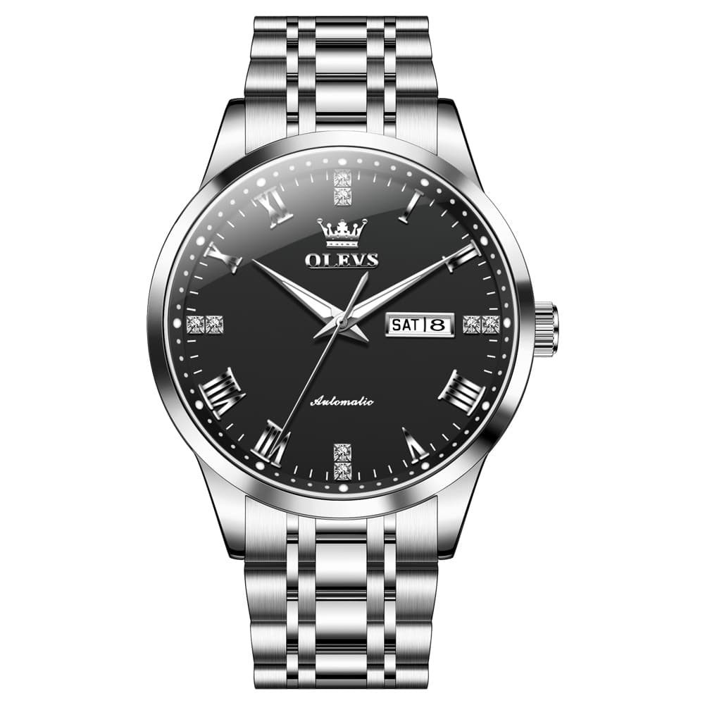 OLEVS 7062 Classic Dual Calendar Automatic Watch For Men - Silver Black Watch | Olevs Watch Store