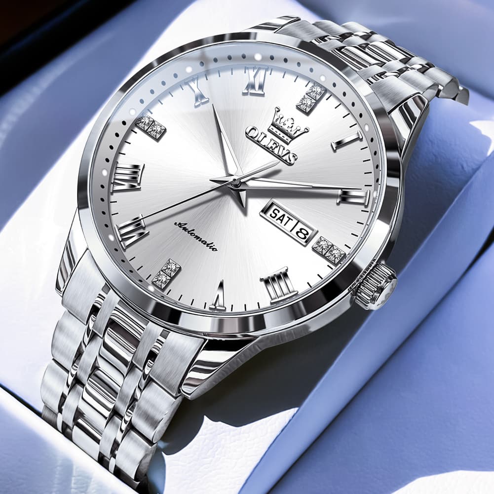 OLEVS 7062 Classic Dual Calendar Automatic Watch For Men - Silver White Watch | Olevs Watch Store