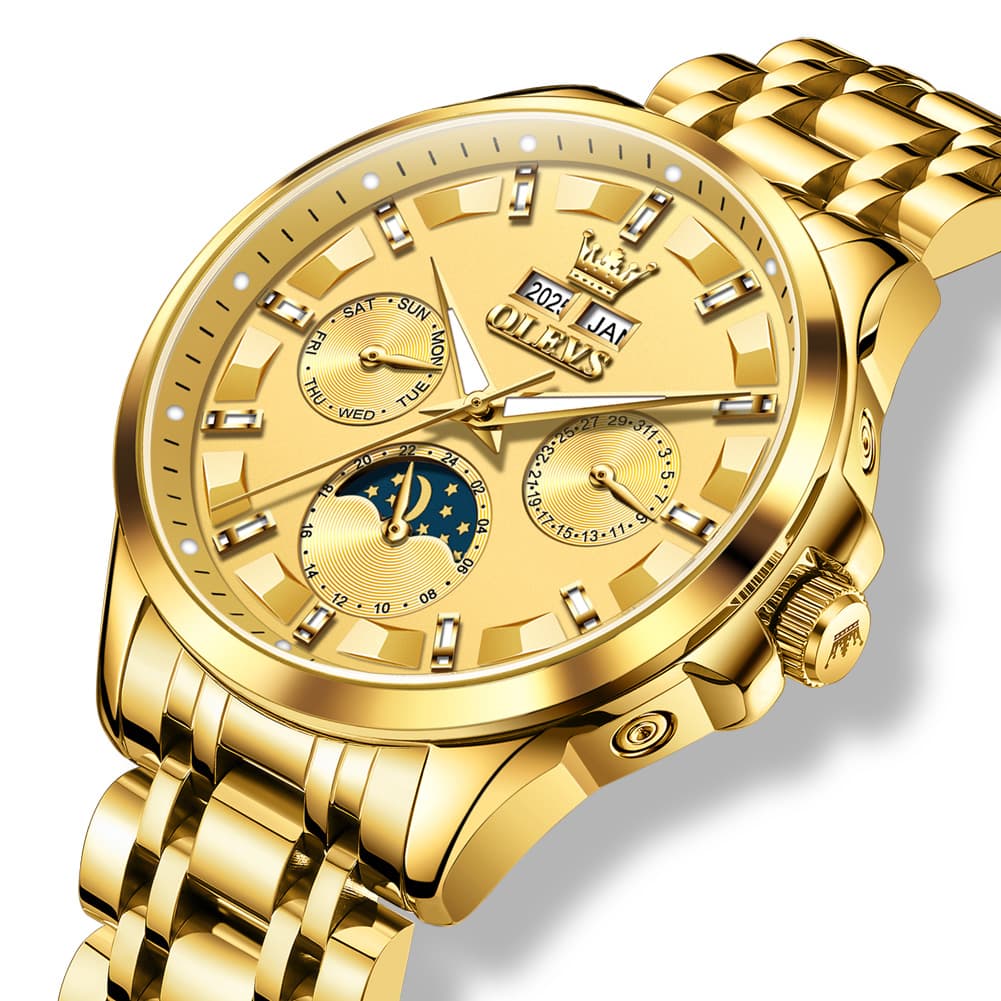 OLEVS 7070 Heavyweight Moon Phase Automatic Watch For Men - All Gold Watch | Olevs Watch Store