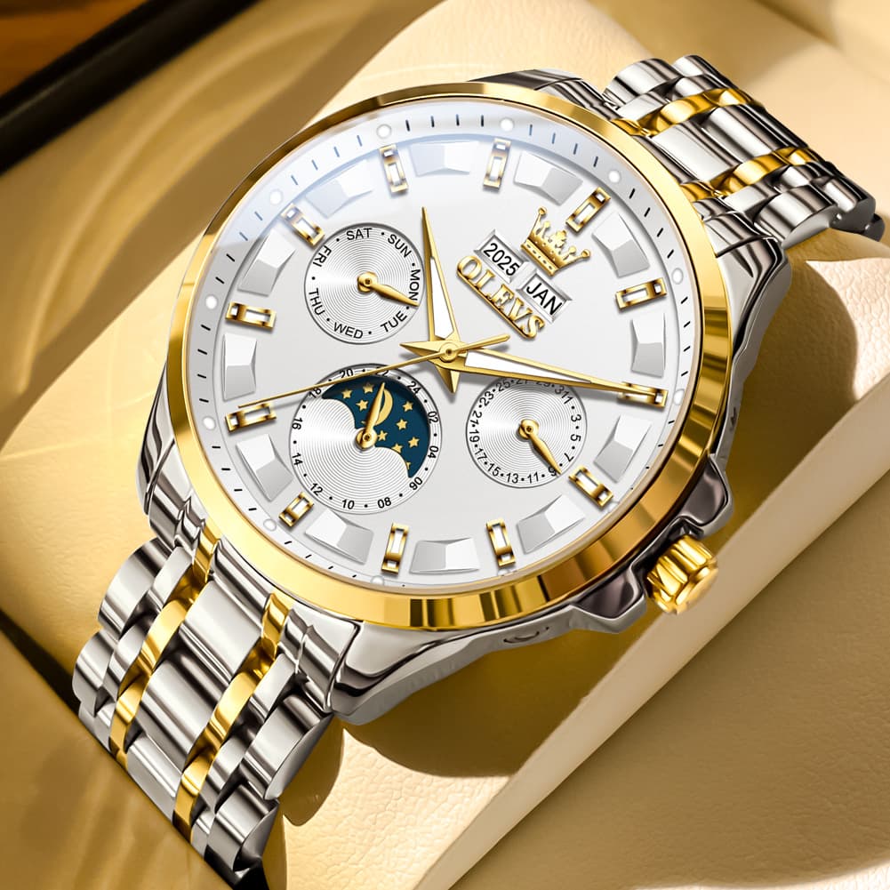 OLEVS 7070 Heavyweight Moon Phase Automatic Watch For Men - Two Tone White Watch | Olevs Watch Store