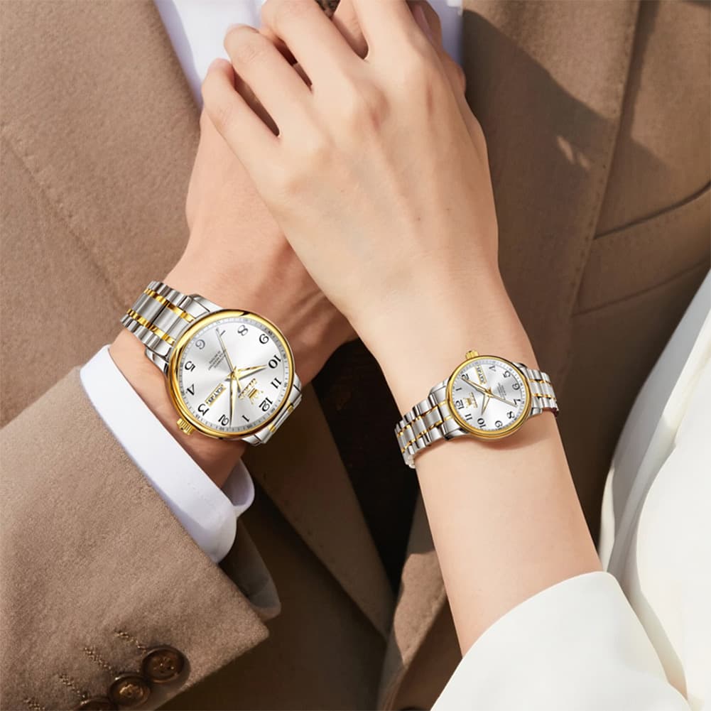 OLEVS 7072 Arabic Numeral Automatic Couples Watch Set - Two Tone Blue Watch | Olevs Watch Store