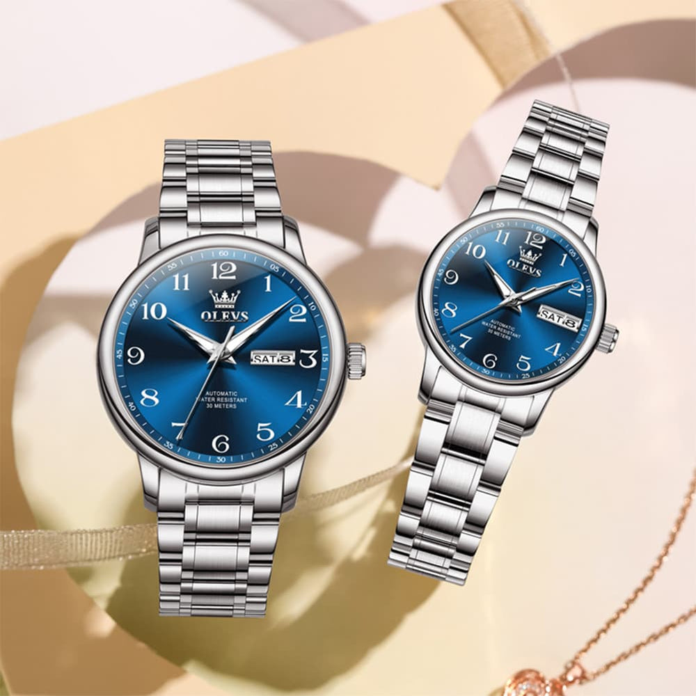 OLEVS 7072 Arabic Numeral Automatic Couples Watch Set - Two Tone Blue Watch | Olevs Watch Store