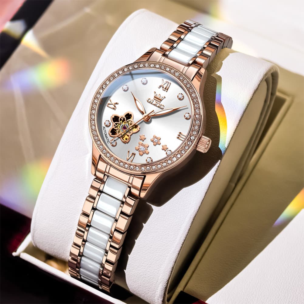 OLEVS 7074 Ceramic Open Heart Automatic Watch For Women - Rose Gold White Watch | Olevs Watch Store