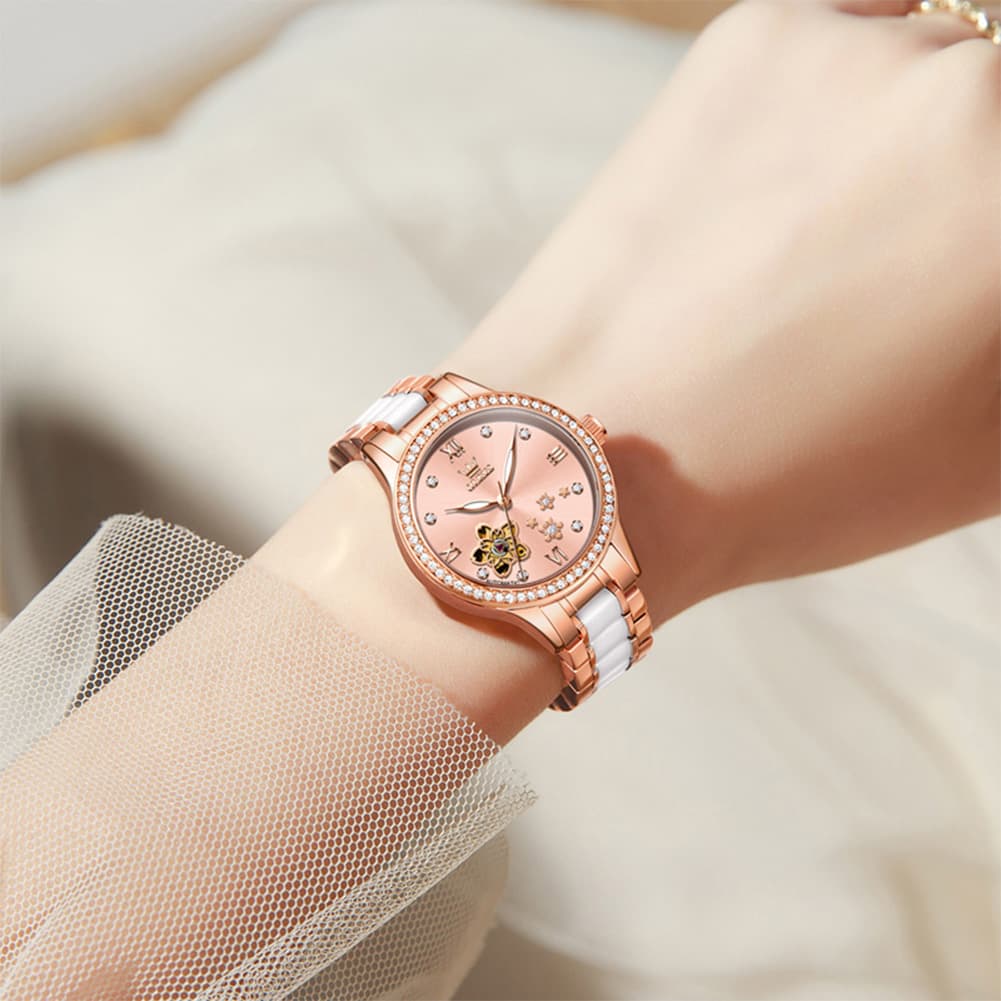 OLEVS 7074 Ceramic Open Heart Automatic Watch For Women - Rose Gold White Watch | Olevs Watch Store