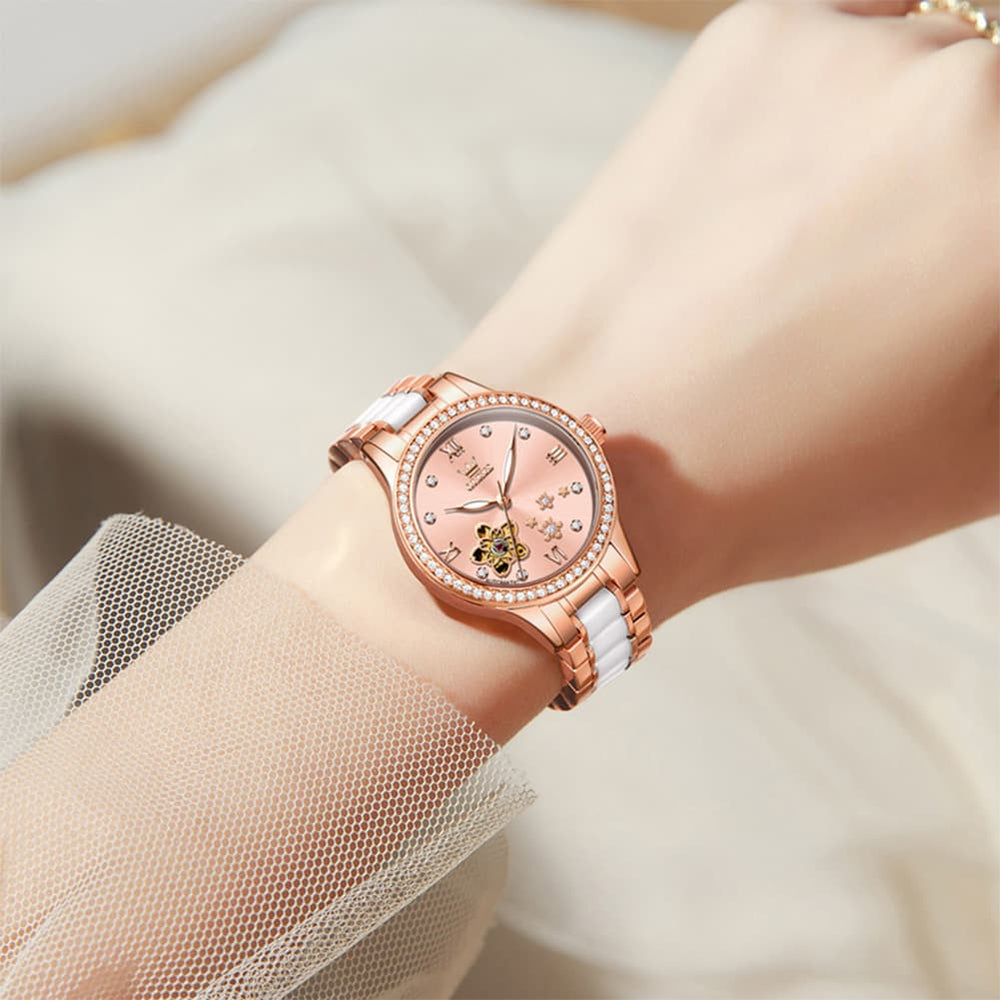 OLEVS 7074 Ceramic Open Heart Automatic Watch For Women - Rose Gold White Watch | Olevs Watch Store