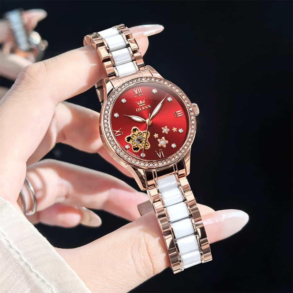 OLEVS 7074 Ceramic Open Heart Automatic Watch For Women - Rose Gold White Watch | Olevs Watch Store