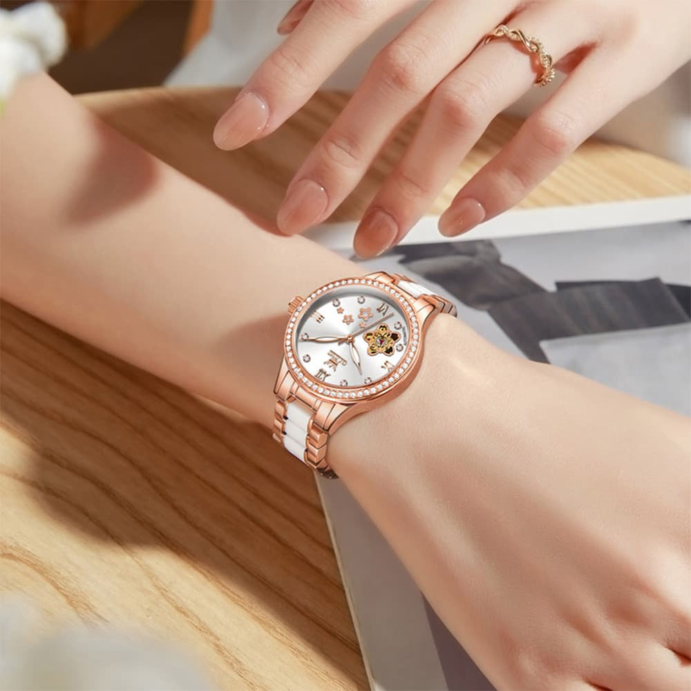 OLEVS 7074 Ceramic Open Heart Automatic Watch For Women - Rose Gold White Watch | Olevs Watch Store