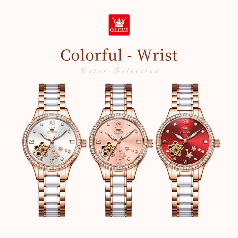 OLEVS 7074 Ceramic Open Heart Automatic Watch For Women - Rose Gold White Watch | Olevs Watch Store