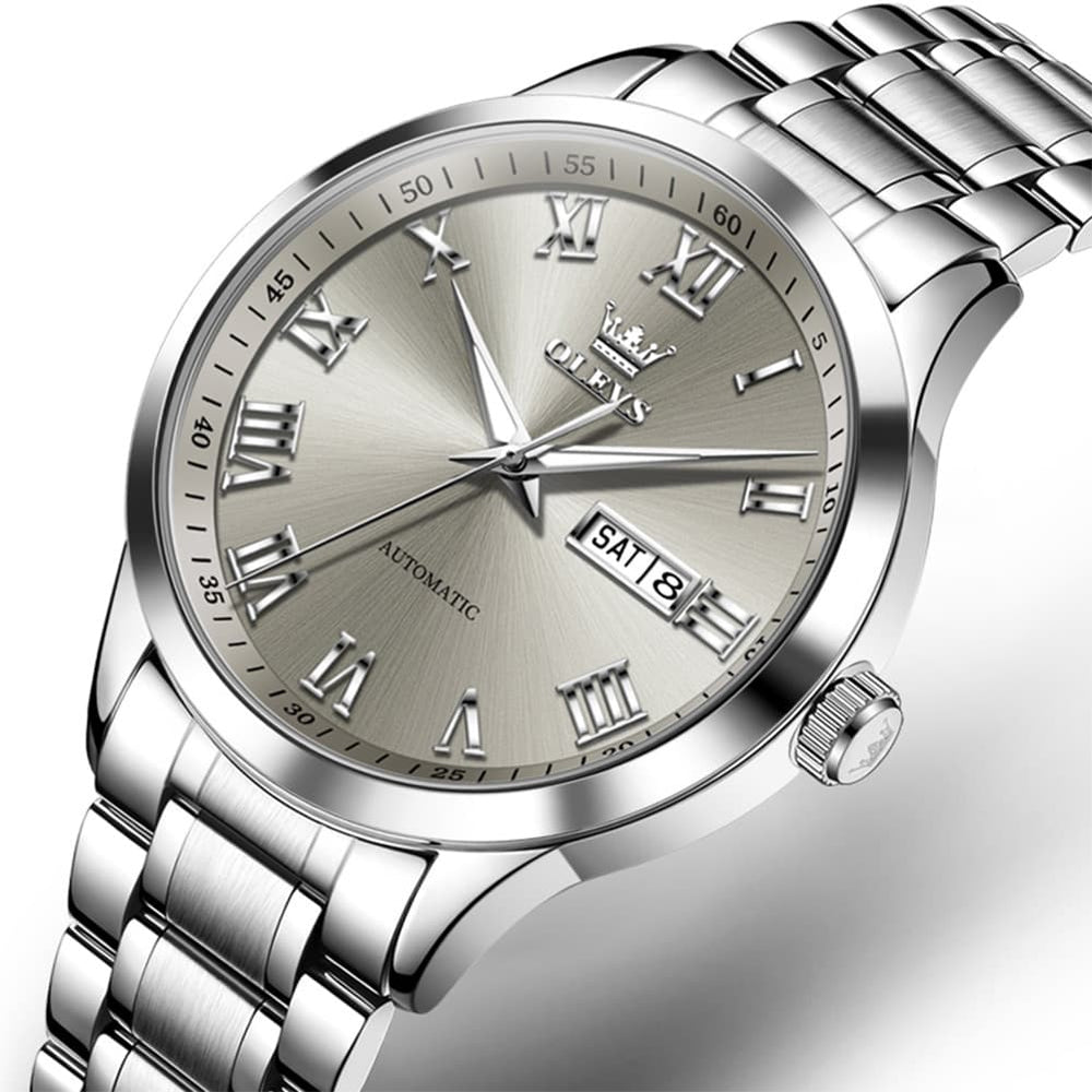 OLEVS 7075 Roman Numeral Dual Calendar Automatic Watch For Men - Two Tone White Watch | Olevs Watch Store