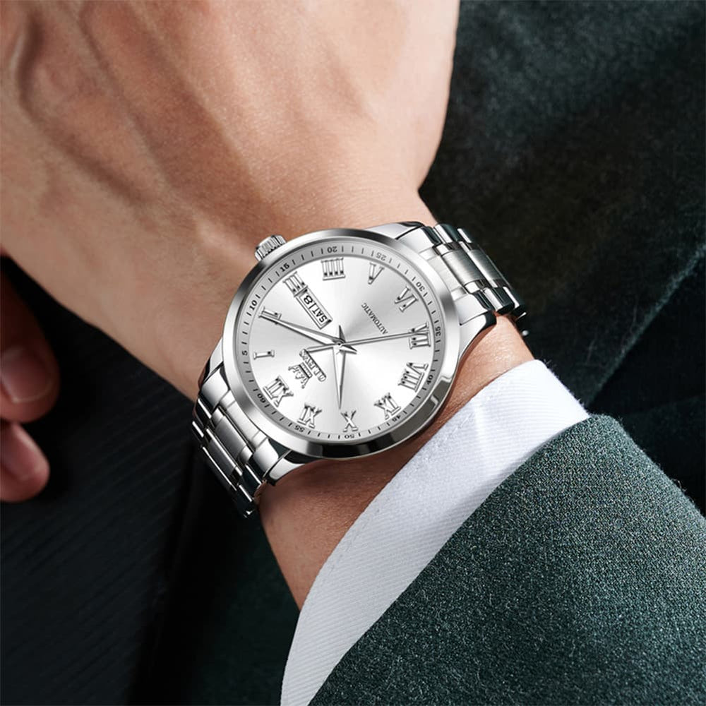 OLEVS 7075 Roman Numeral Dual Calendar Automatic Watch For Men - Two Tone White Watch | Olevs Watch Store