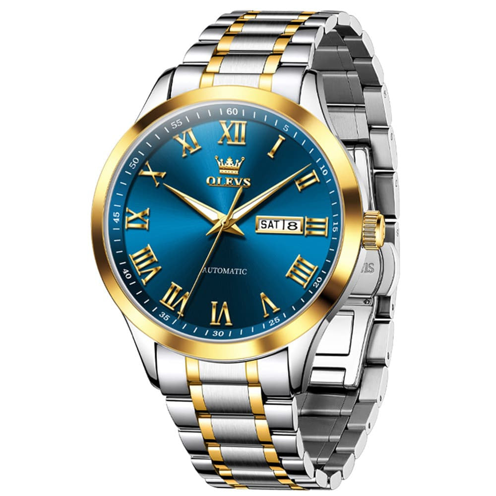 OLEVS 7075 Roman Numeral Dual Calendar Automatic Watch For Men - Two Tone White Watch | Olevs Watch Store