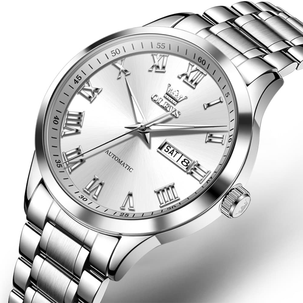 OLEVS 7075 Roman Numeral Dual Calendar Automatic Watch For Men - Two Tone White Watch | Olevs Watch Store