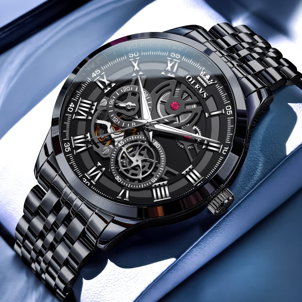 OLEVS 7076 Double Open Heart Automatic Watch For Men - All Black Watch | Olevs Watch Store