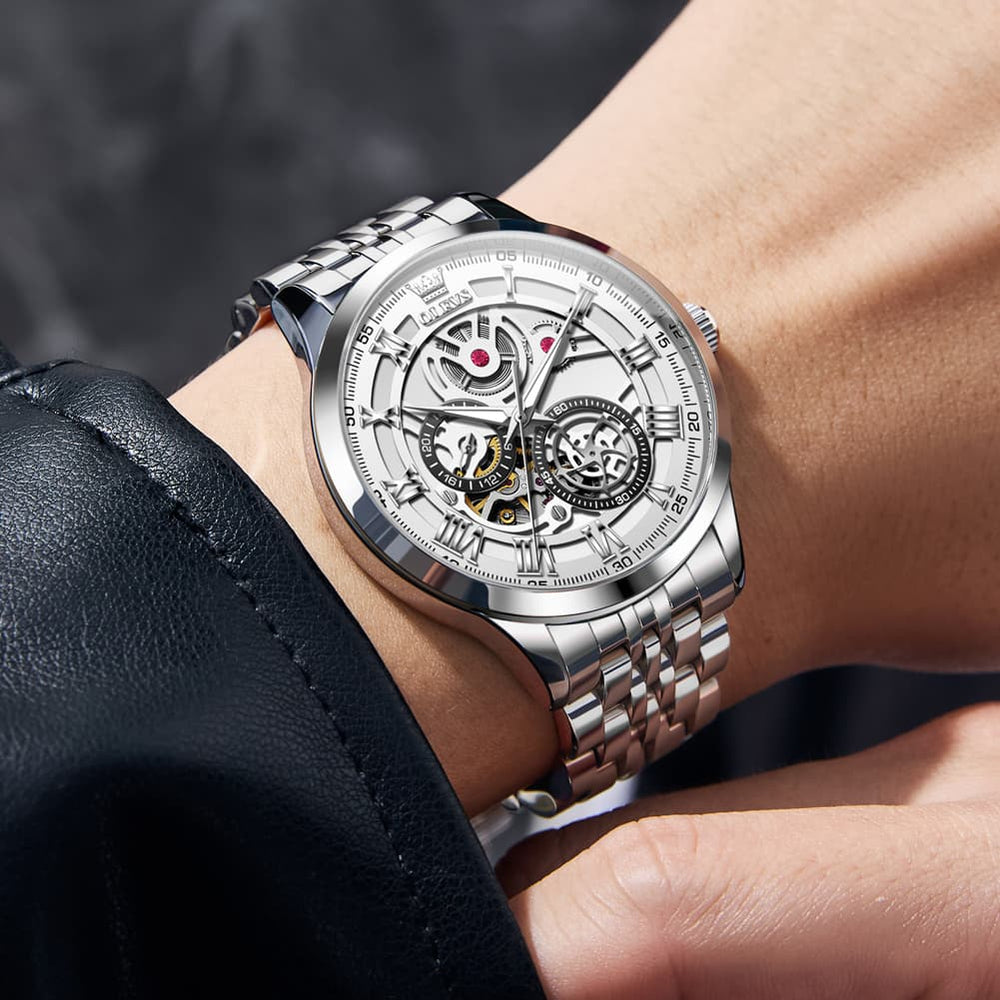 OLEVS 7076 Double Open Heart Automatic Watch For Men - Silver White Watch | Olevs Watch Store