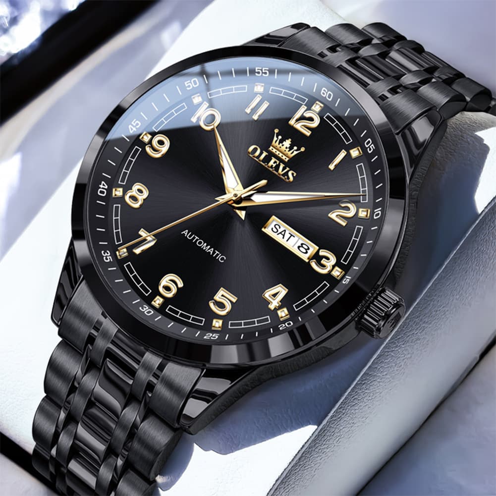OLEVS 7077 Arabic Numeral Dual Calendar Automatic Watch For Men - All Black Watch | Olevs Watch Store