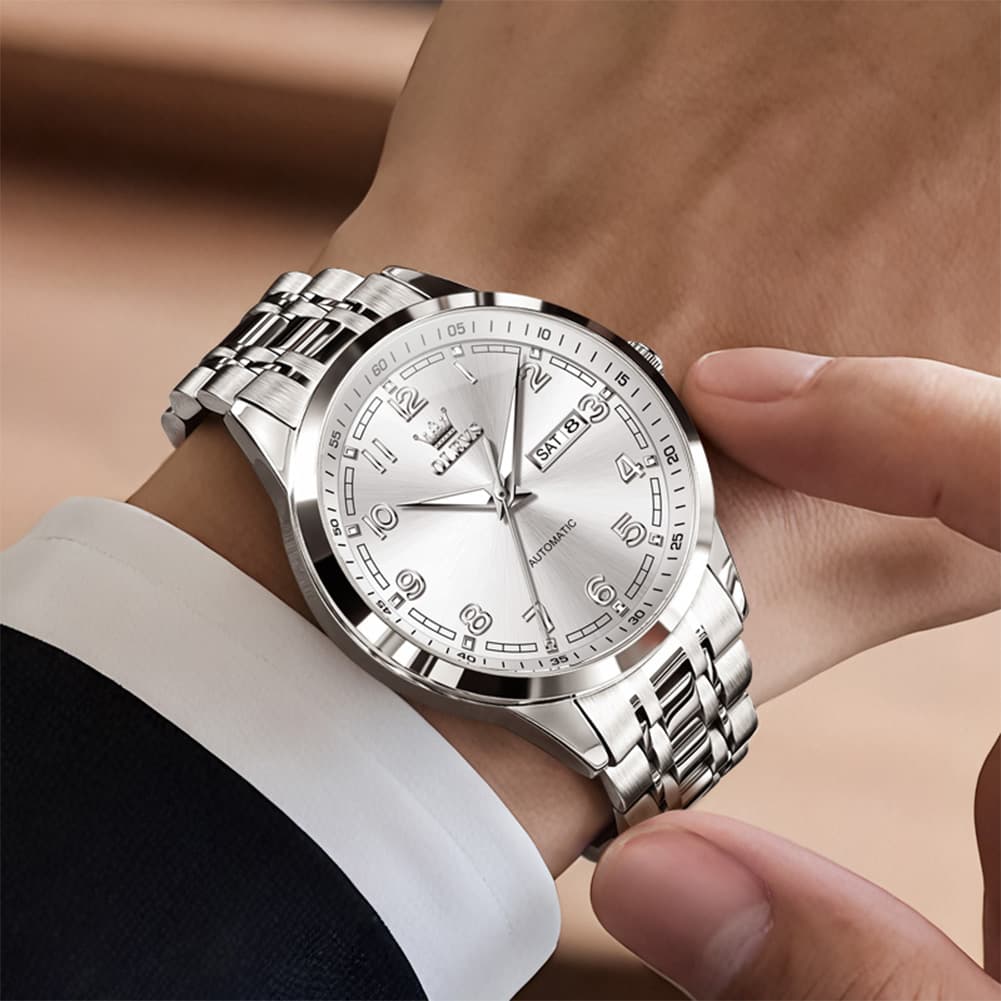OLEVS 7077 Arabic Numeral Dual Calendar Automatic Watch For Men - Silver Black Watch | Olevs Watch Store