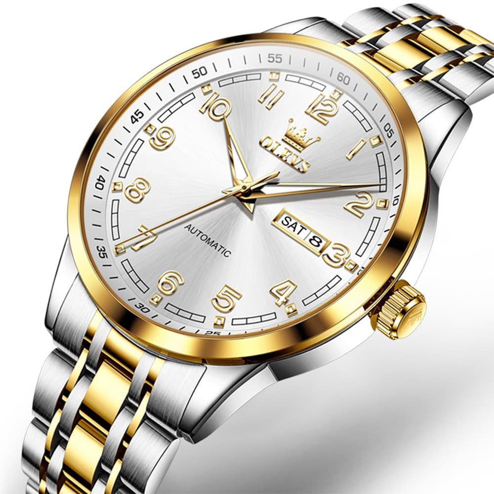 OLEVS 7077 Arabic Numeral Dual Calendar Automatic Watch For Men - All Gold Watch | Olevs Watch Store