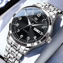 OLEVS 7077 Arabic Numeral Dual Calendar Automatic Watch For Men - Silver Black Watch | Olevs Watch Store