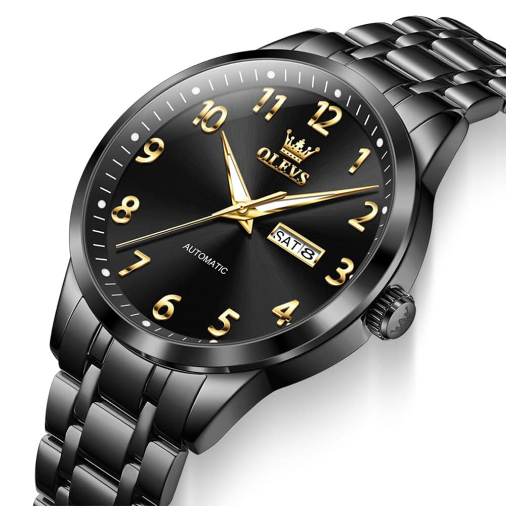 OLEVS 7078 Arabic Numeral Dual Calendar Automatic Watch For Men - All Black Watch | Olevs Watch Store
