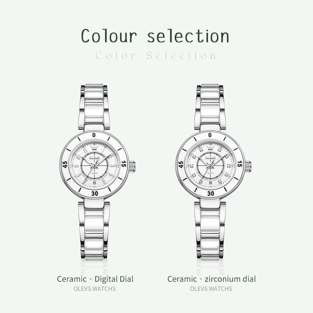 OLEVS 7083 White Ceramic Watch Sport Luxe Diamond Accent Stainless Steel Bracelet Quartz Timepiece for Women - Olevs Store