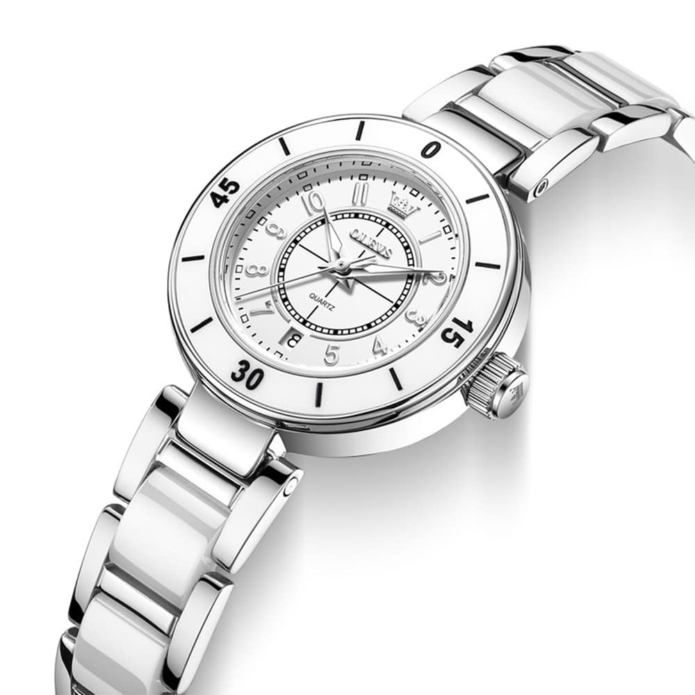 OLEVS 7083 White Ceramic Watch Sport Luxe Diamond Accent Stainless Steel Bracelet Quartz Timepiece for Women - Olevs  Store