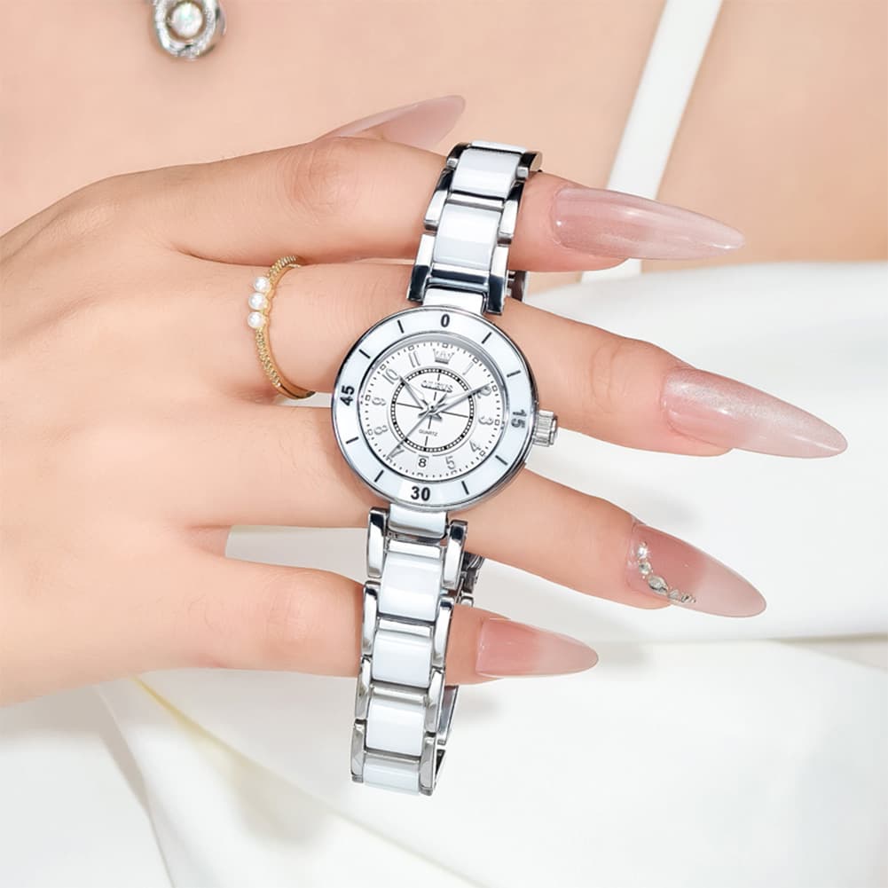 OLEVS 7083 White Ceramic Watch Sport Luxe Diamond Accent Stainless Steel Bracelet Quartz Timepiece for Women - Olevs  Store
