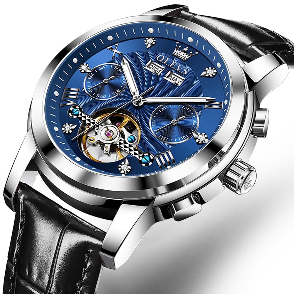 OLEVS 7088 Open Heart Leather Automatic Watch For Men - Silver Blue (Black Leather) Watch | Olevs Watch Store