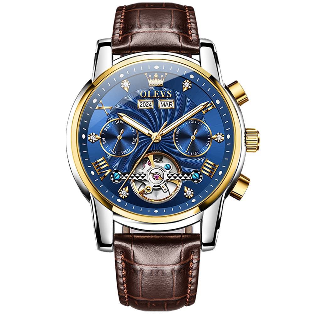 OLEVS 7088 Open Heart Leather Automatic Watch For Men - Silver Blue (Black Leather) Watch | Olevs Watch Store