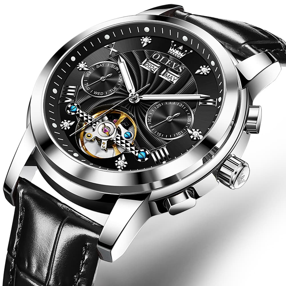 OLEVS 7088 Open Heart Leather Automatic Watch For Men - Silver Blue (Black Leather) Watch | Olevs Watch Store