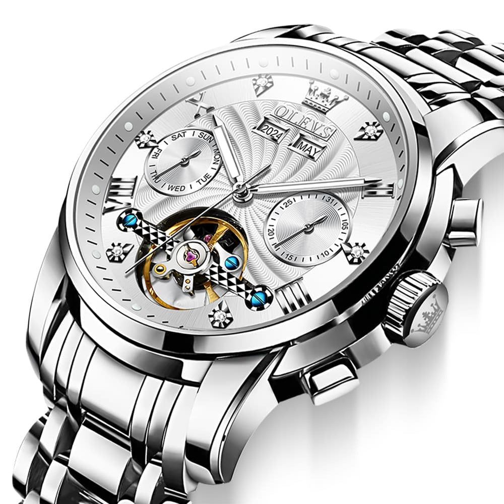 OLEVS 7088 Open Heart Roman Numeral Automatic Watch For Men - Black Gold Watch | Olevs Watch Store