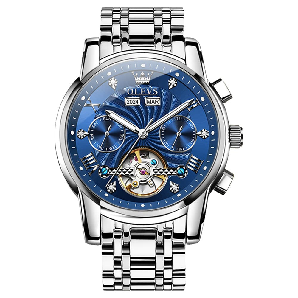 OLEVS 7088 Open Heart Roman Numeral Automatic Watch For Men - Black Gold Watch | Olevs Watch Store