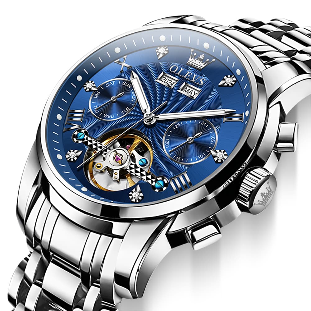 OLEVS 7088 Open Heart Roman Numeral Automatic Watch For Men - Black Gold Watch | Olevs Watch Store