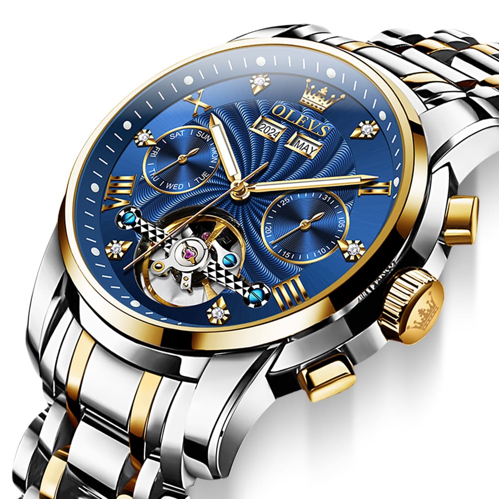 OLEVS 7088 Open Heart Roman Numeral Automatic Watch For Men - Black Gold Watch | Olevs Watch Store