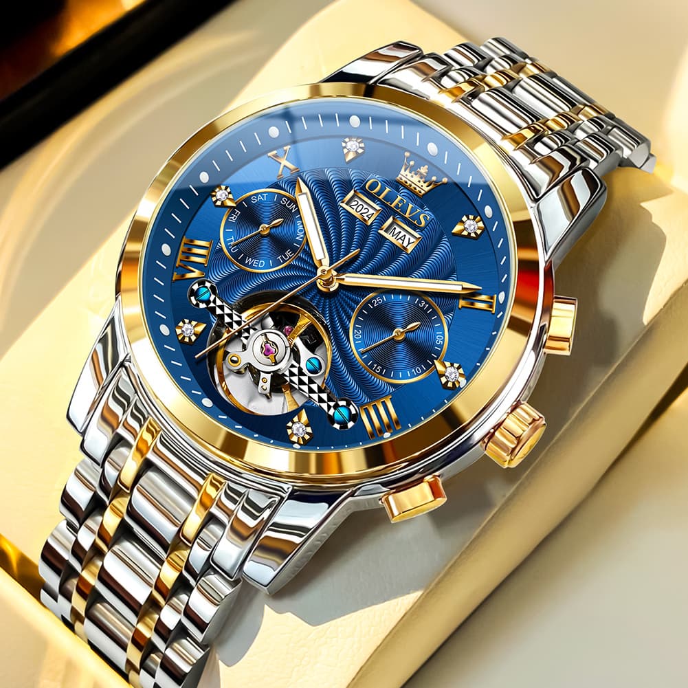 OLEVS 7088 Open Heart Roman Numeral Automatic Watch For Men - Two Tone Blue Watch | Olevs Watch Store