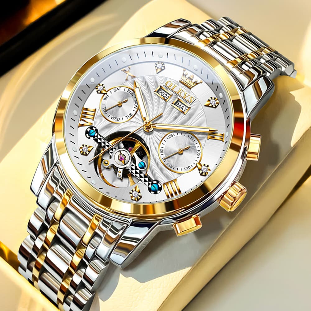OLEVS 7088 Open Heart Roman Numeral Automatic Watch For Men - Two Tone White Watch | Olevs Watch Store
