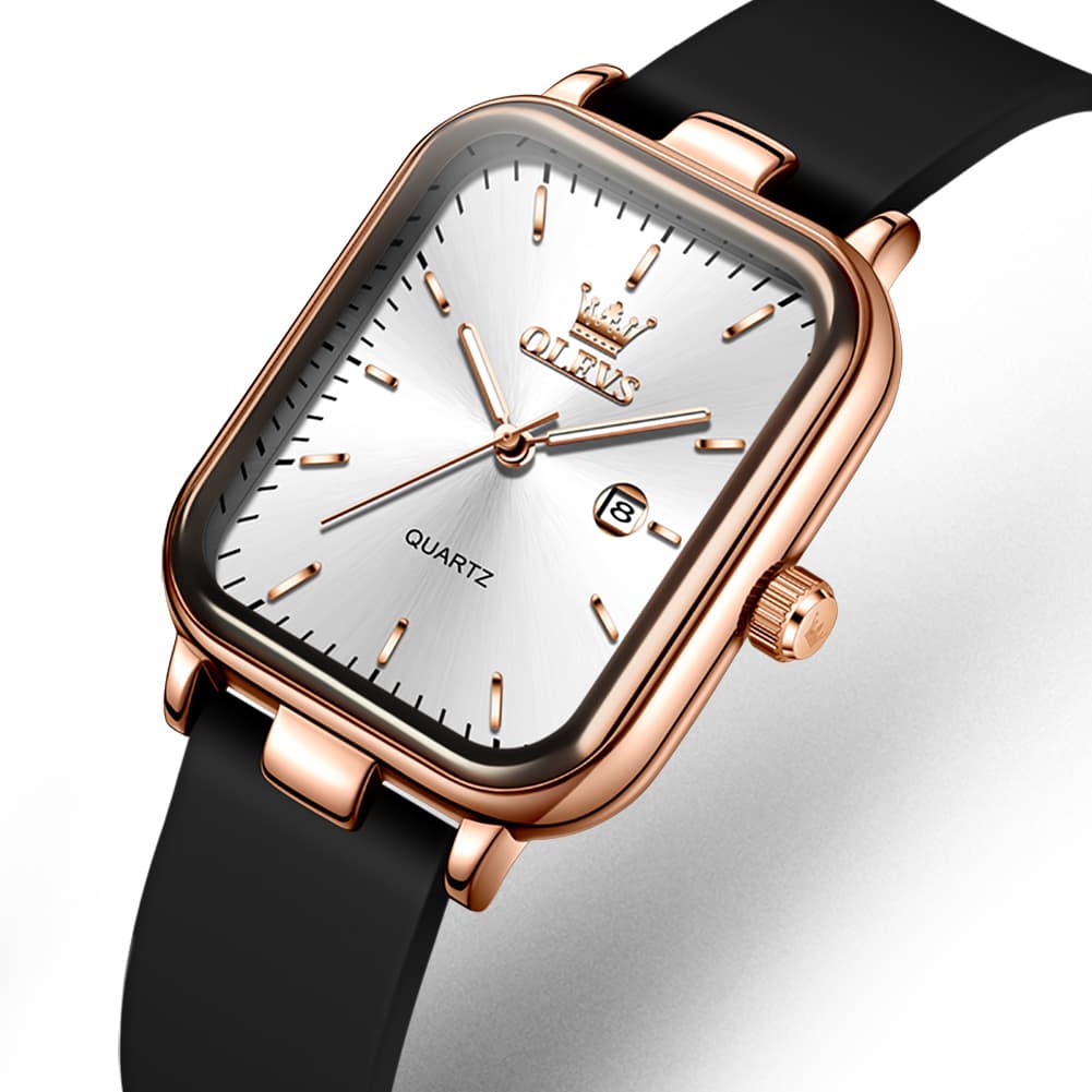 OLEVS 7089 Silicone Strap Watch Retro Square Date Quartz Sport Luxe Timepiece for Women - Rose Gold White | Olevs Watch Store